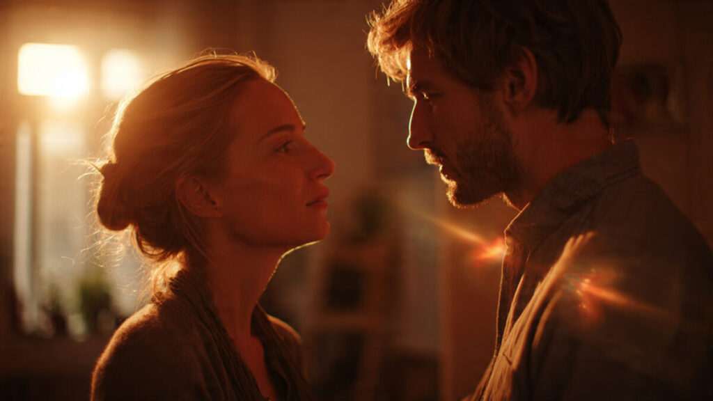 A cinematic close-up of a man and woman looking at each other intently, symbolizing the magnetic pull of the anxious-avoidant attachment trap.