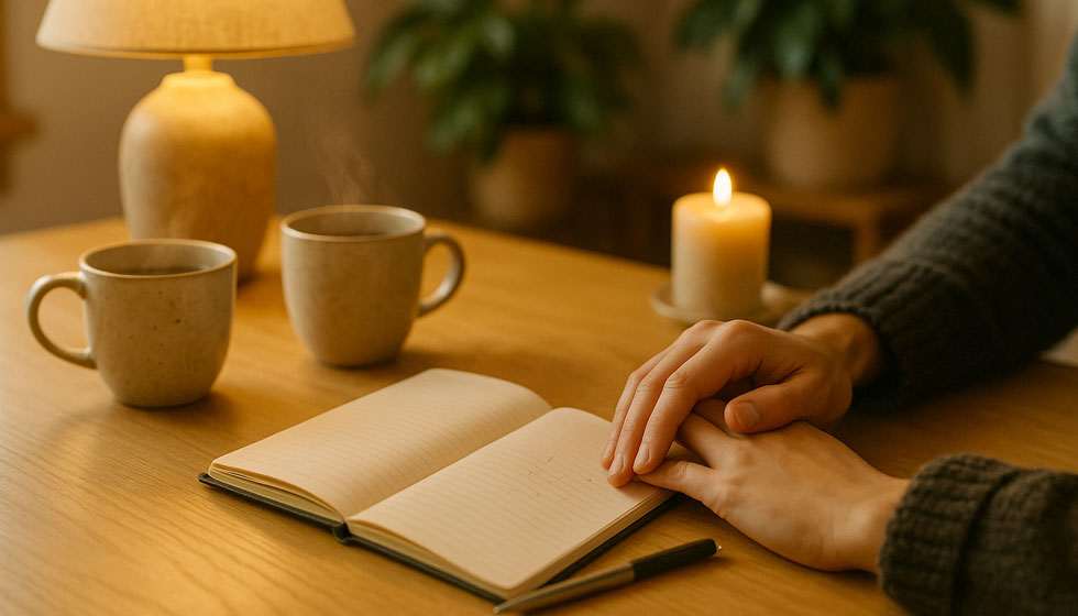Intérieur cosy avec carnet, tasses et mains liées, lumière chaude illustrant les rituels concrets de la synastrie Soleil–Lune.