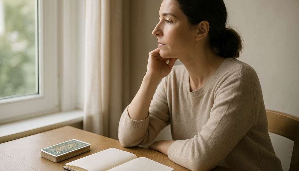 Personne assise près d’une fenêtre lumineuse, tarot et carnet sur la table, regard calme tourné vers l’extérieur, lumière naturelle