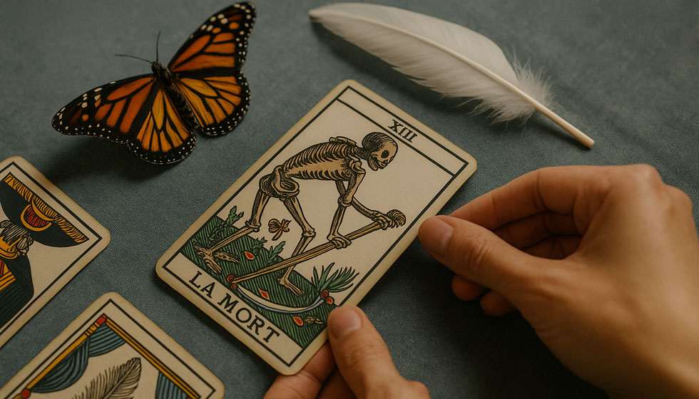 Photo évoquant l’arcane XIII du tarot comme passage de transformation et de renaissance, couleurs chaudes et symbolisme positif.