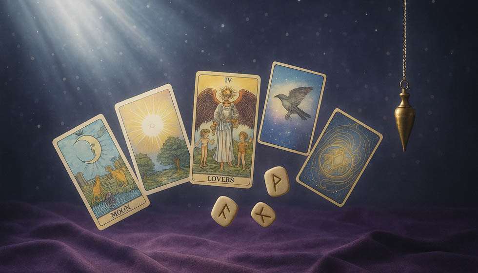 Cartes de tarot, runes et pendule flottant dans une lumière cosmique, symbole d’intuition et de guidance intérieure