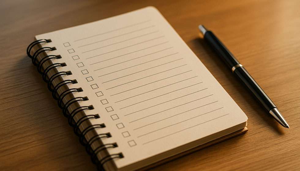 Carnet avec checklist pour question de voyance et stylo posé sur un bureau.