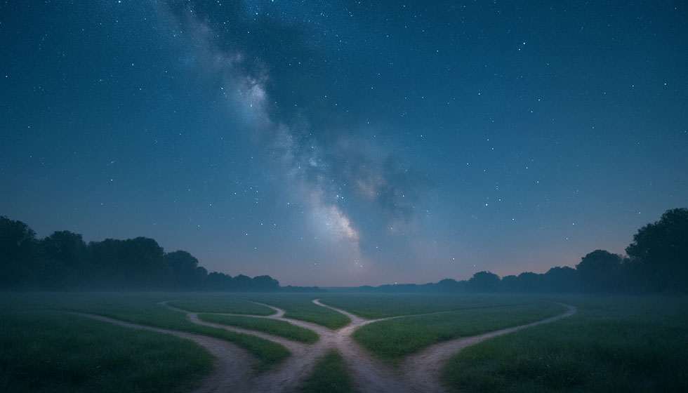 Sentiers entremêlés sous un ciel étoilé, métaphore du karma