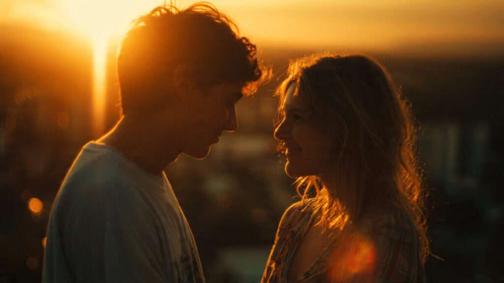 A couple gazing into each other's eyes at sunset, capturing the magnetic pull of a karmic relationship.