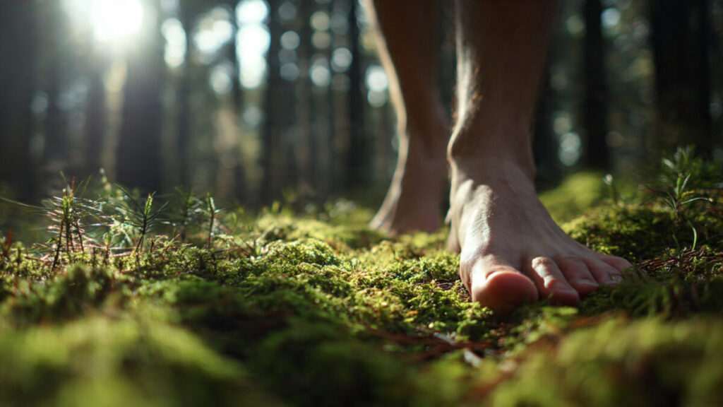 Close-up of bare feet walking on a mossy forest floor, illustrating the practice of earthing for digital detox.
