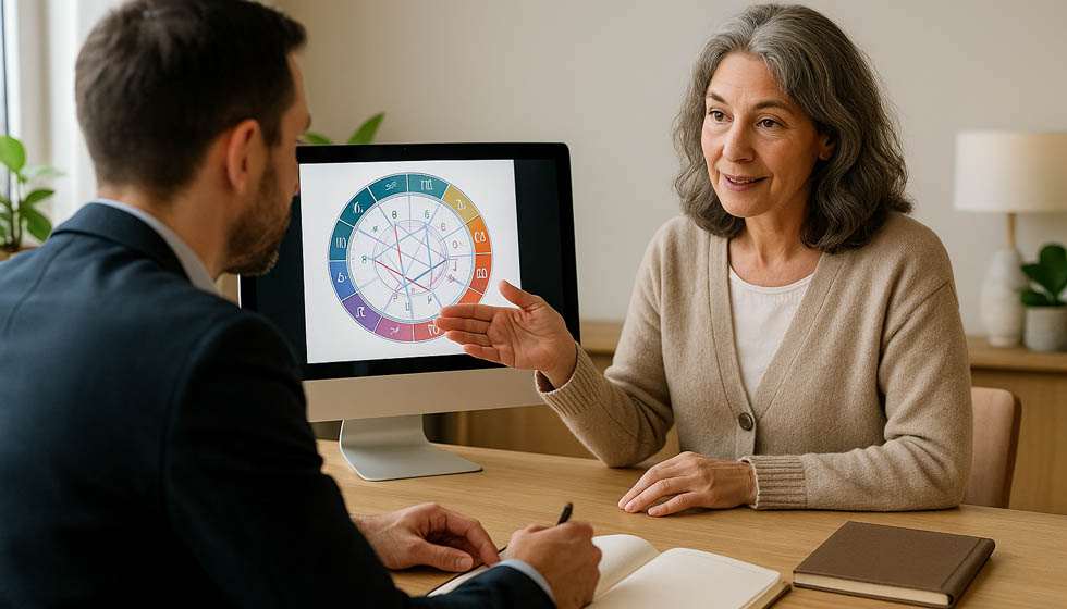 Personne en tenue de travail discutant avec une astrologue devant un écran affichant un thème astral, carnet de notes ouvert, ambiance calme et professionnelle.