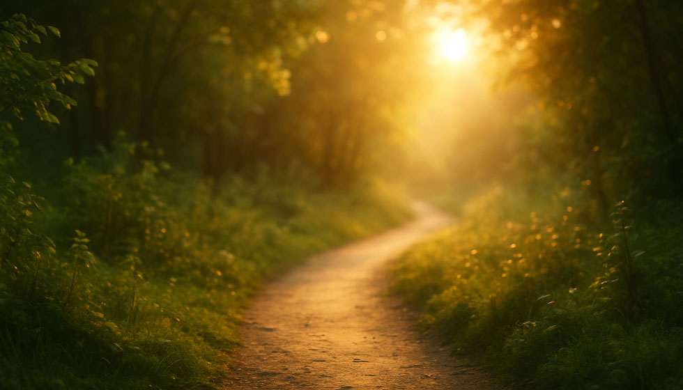 Sentier naturel baigné d’une lueur douce, métaphore de la guidance médiumnique et du passage d’un blocage à l’action.
