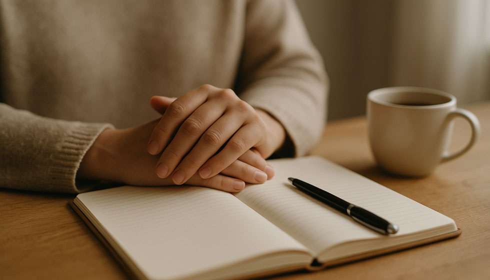 Mains posées sur un carnet de notes, stylo et tasse, ambiance d’ancrage et d’introspection après une séance médiumnique.