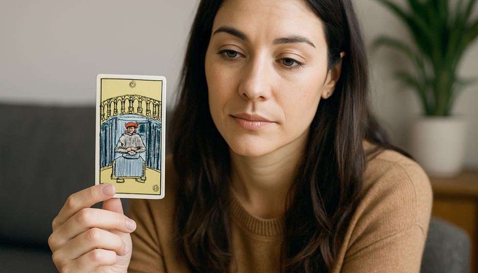 Femme tenant une carte de tarot en gros plan dans un intérieur calme