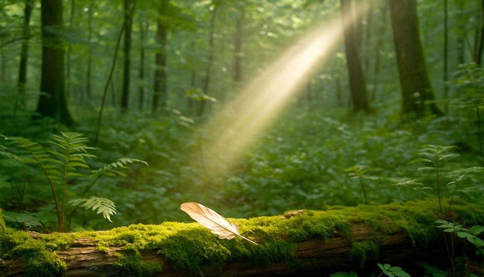 Rayon de lumière révélant un symbole naturel dans un sous-bois calme