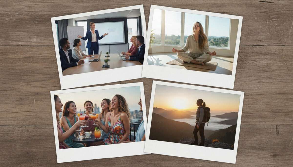 A collage of four photos showing the full life of a single woman: leading a meeting, meditating, laughing with friends, and hiking, representing spiritual freedom.