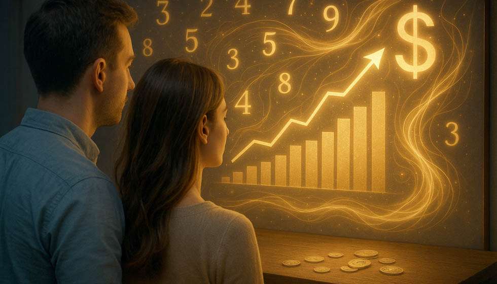 couple regardant un graphique lumineux liant numérologie et argent