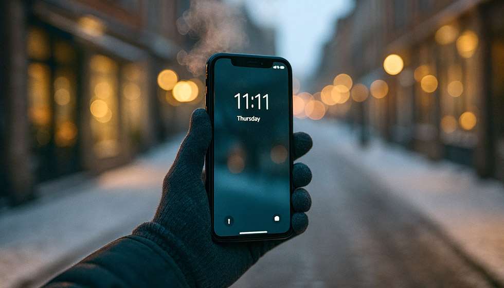 Main gantée tenant un smartphone affichant 11:11, arrière-plan de rue hivernale floue