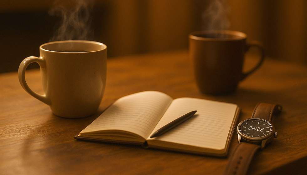 Deux tasses fumantes sur table en bois, carnet ouvert, montre indiquant 22:22, lumière chaleureuse.