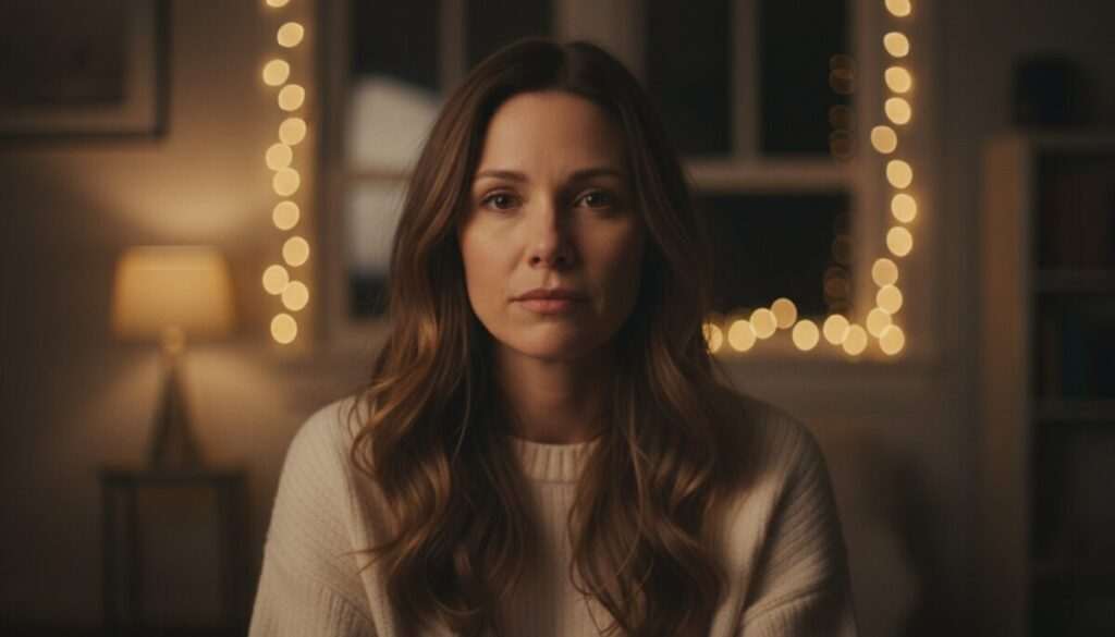 A pensive woman in cinematic golden hour light, sensing a hidden love triangle in her synastry chart.