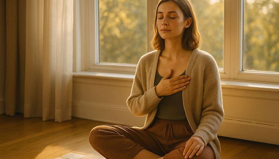 Personne méditant près d’une fenêtre, main sur le cœur, dans une ambiance calme