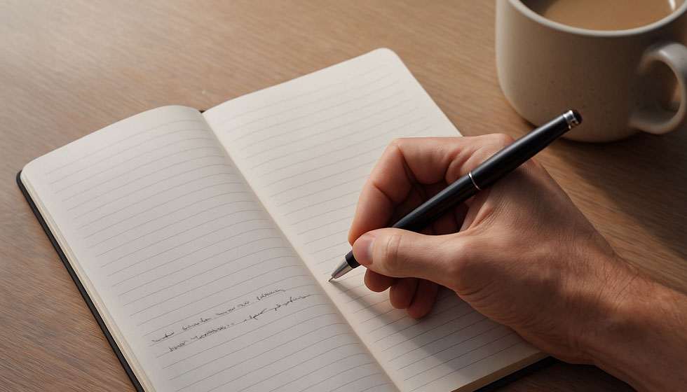 Main tenant un stylo écrivant dans un carnet posé sur une table claire avec tasse et lumière douce