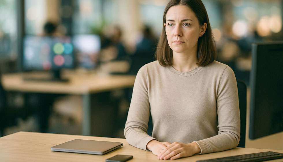 Personne assise au bureau, posture stable, arrière-plan légèrement flou avec notifications et mouvement ambiant