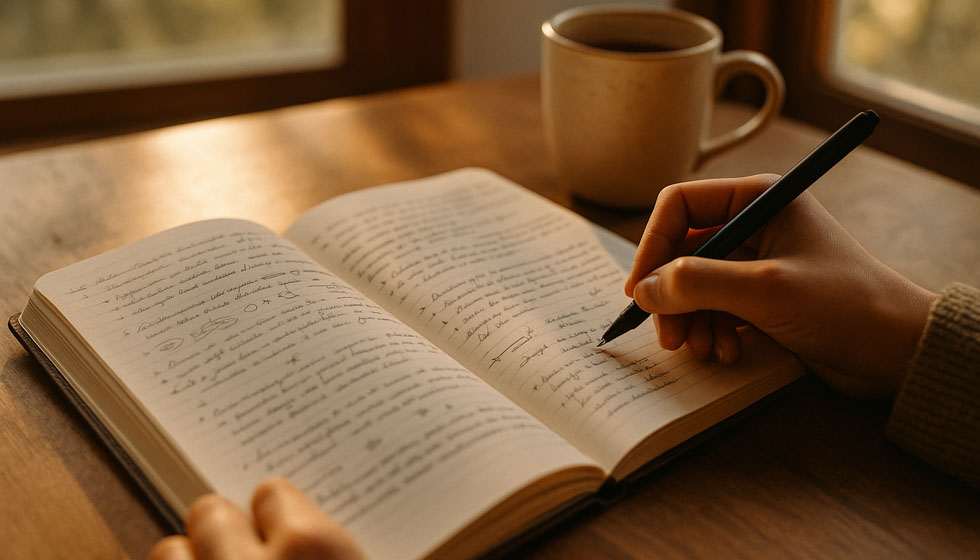 Personne méditant près d’une fenêtre, main sur le cœur, dans une ambiance calme