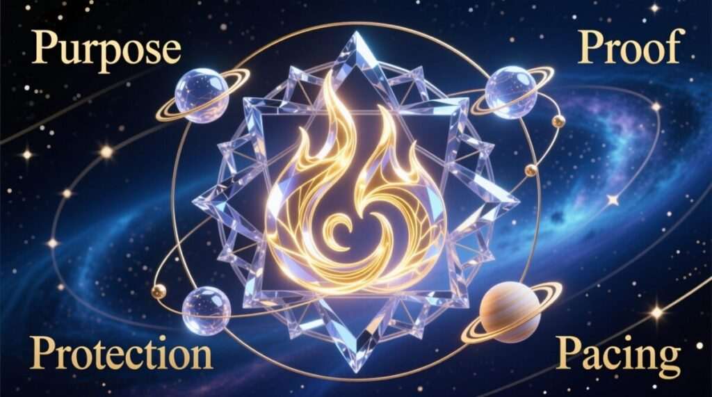 Elegant, glowing stylized depiction of the four pillars (Purpose, Proof, Pacing, Protection) for ldr success astrology.