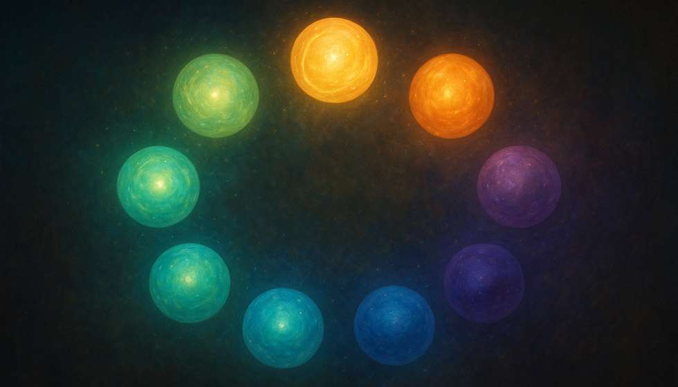 Neuf sphères colorées représentant les énergies du mois personnel en numérologie