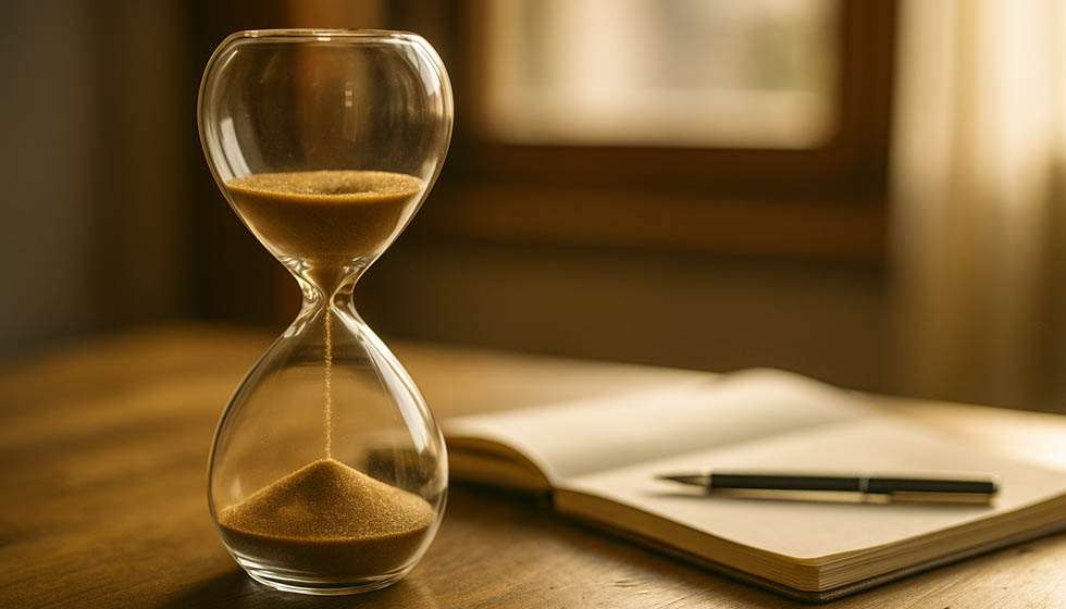 Sablier en gros plan près d’un carnet sur une table en bois, métaphore du timing en voyance.