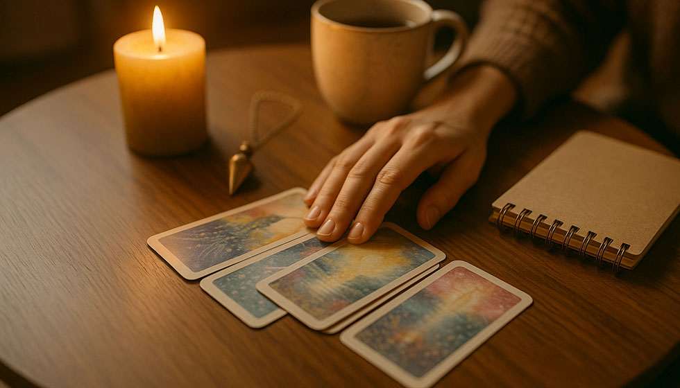 Main féminine touchant des cartes oracles près d’une bougie, ambiance chaleureuse et méditative