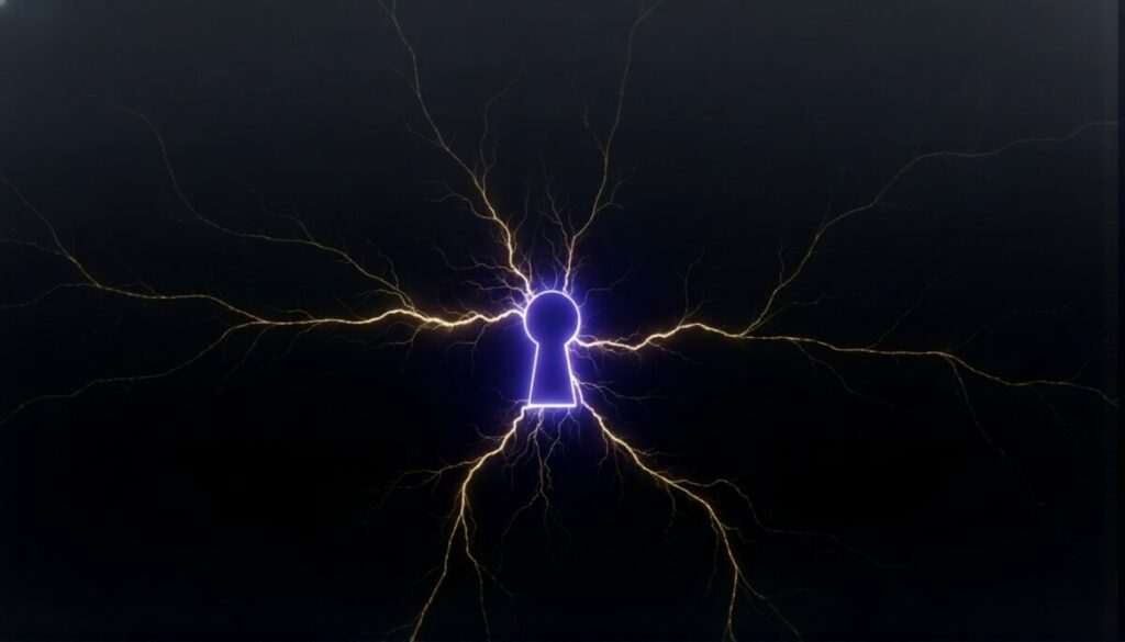 An abstract digital art piece showing a glowing keyhole, symbolizing the deep psychological shadow work of the Mercury retrograde 2025 in Scorpio.