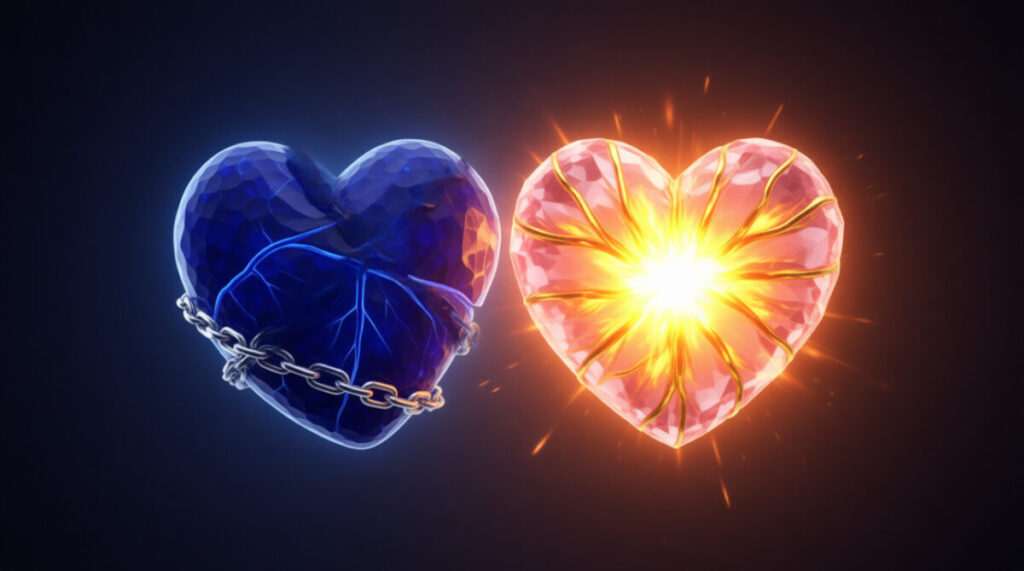 A cracked blue heart bound by chains next to a glowing, radiant golden heart, symbolizing Moon sign love compatibility and emotional freedom.