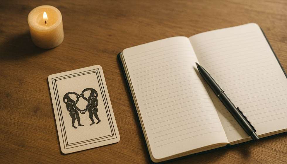 Table de bois avec carte de tarot au symbole de chaîne, carnet ouvert, stylo et petite bougie ; ambiance réaliste et concentrée