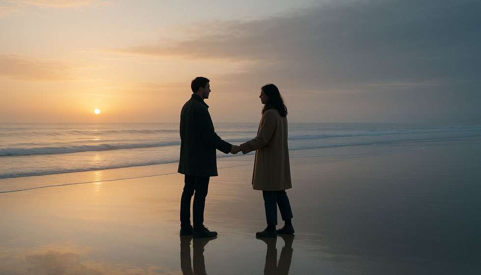 Deux personnes face à face sur une plage à l’aube, reflets symétriques, lumière mixte or et bleu évoquant l’opposition Soleil–Lune.