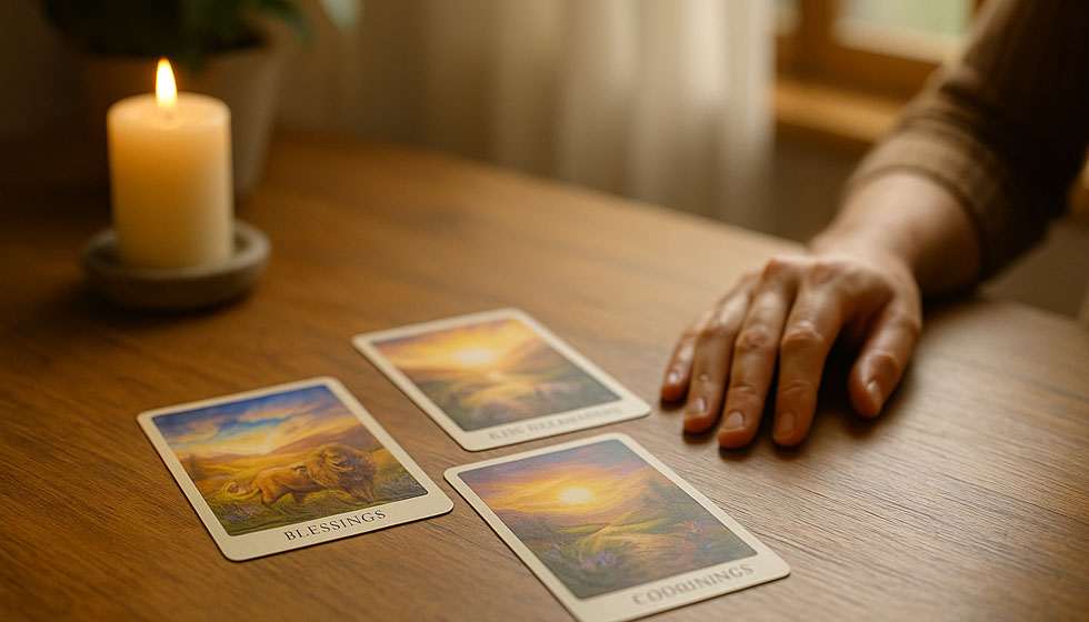 Cartes d’oracle colorées tirées pour un message du jour, main posée à proximité.