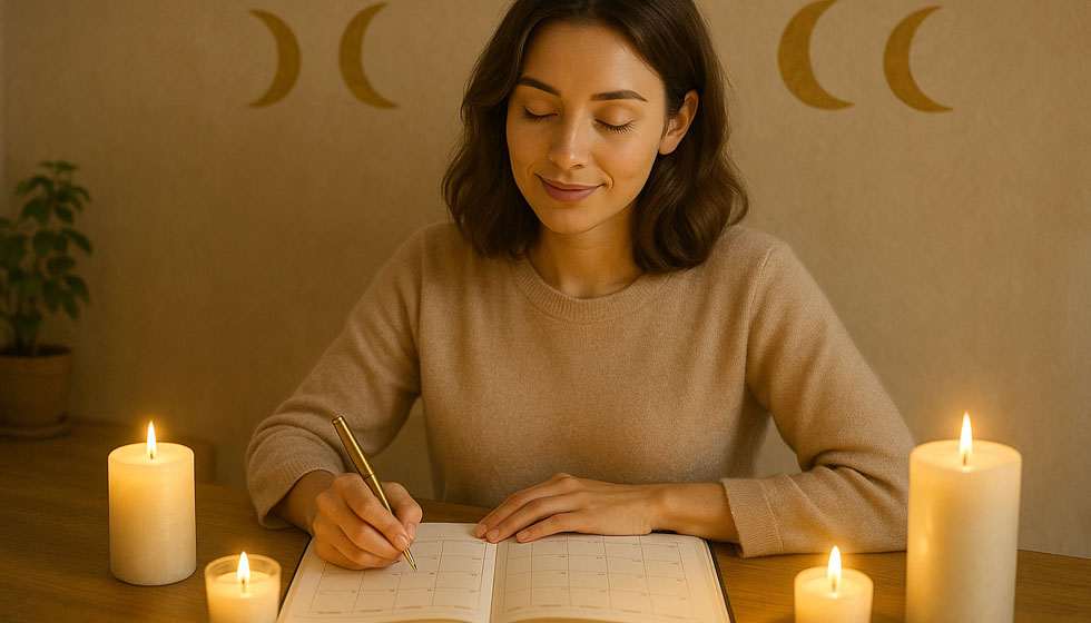 Femme apaisée planifiant son mois en suivant son rythme numérologique personnel.