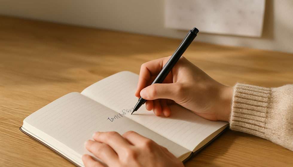 Mains écrivant des intentions pour la nouvelle année dans un carnet, calendrier de janvier flou au fond.