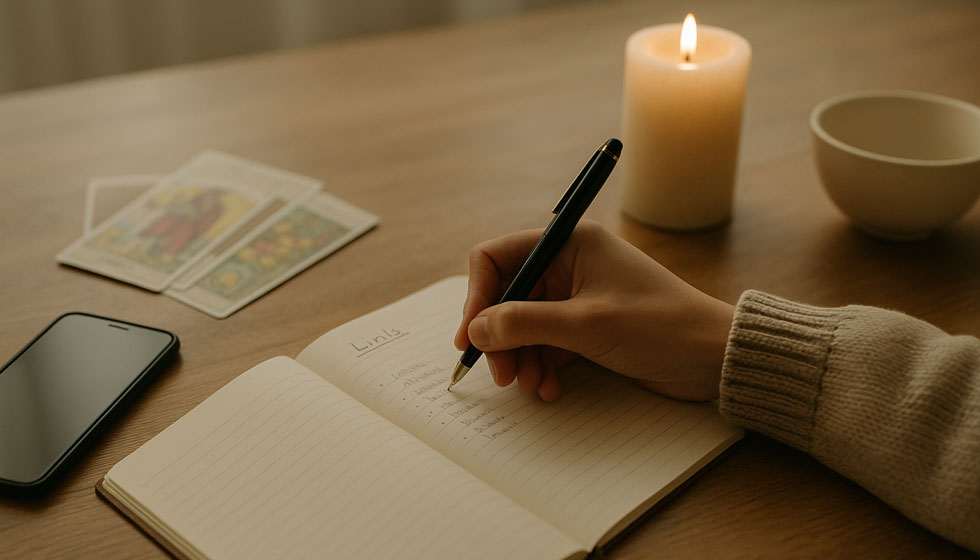 Personne écrivant ses limites après une consultation de voyance.