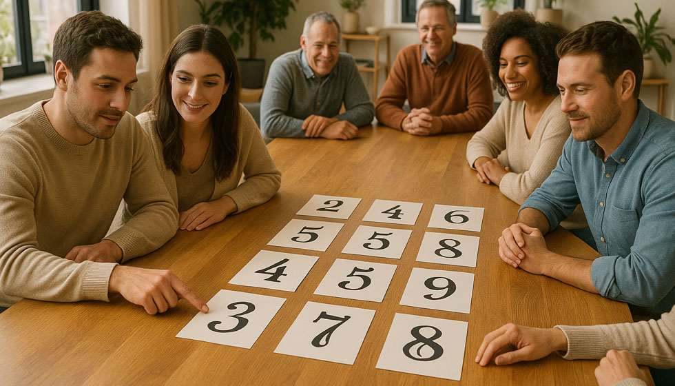 Gros plan sur les mains d’un couple posées côte à côte près d’un carnet ouvert, où apparaissent des chiffres de chemin de vie reliés par des traits, symbolisant un rituel de compatibilité numérologique de couple.