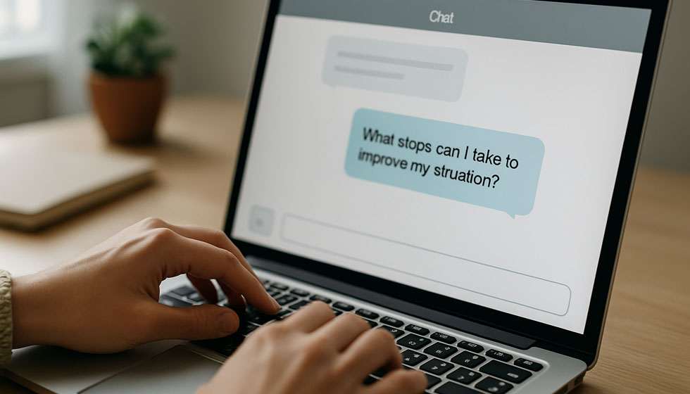 Mains tapant une question ouverte claire sur un ordinateur portable.