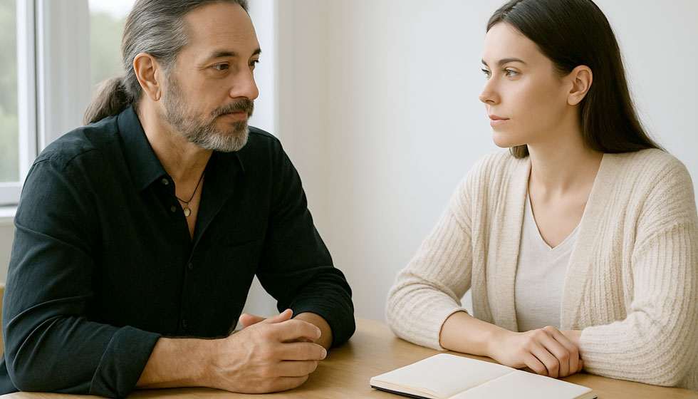 Face-à-face serein entre une consultante et un voyant, lumière naturelle, table claire.