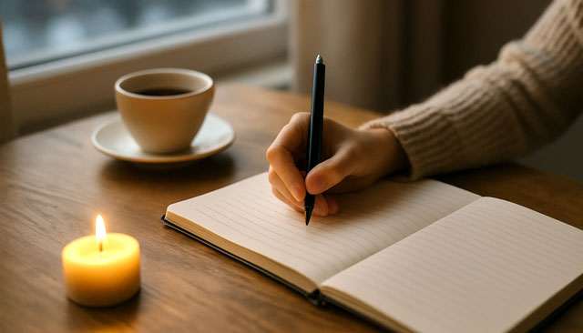 Personne prenant des notes avant une consultation de voyance, ambiance douce avec bougie et carnet ouvert.