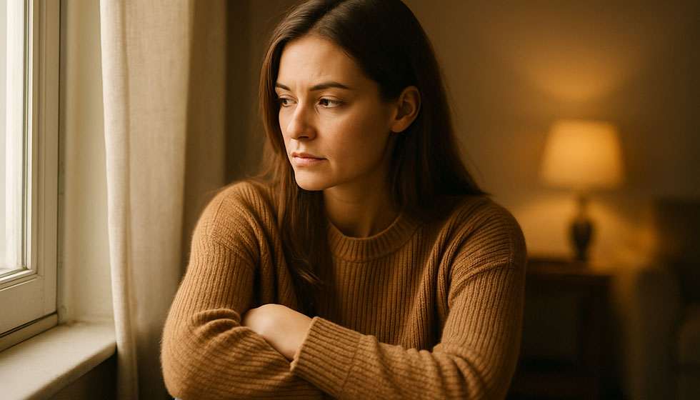 Personne seule assise près d’une fenêtre, expression pensive, illustrant le doute dans une relation de couple