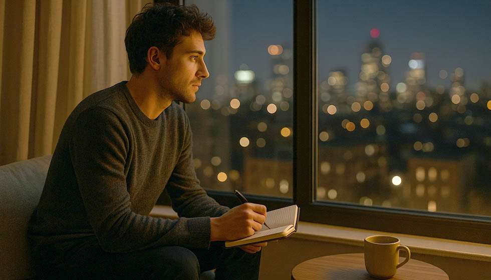 ersonne assise près d’une grande fenêtre donnant sur une ville de nuit, carnet et stylo en main, tasse de thé posée sur la table, en pleine réflexion sur ses choix de carrière.