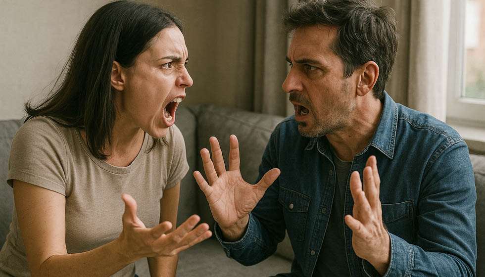 Couple assis sur un canapé, les bras croisés et les regards fermés, illustrant le silence et la distance émotionnelle d’une relation toxique.