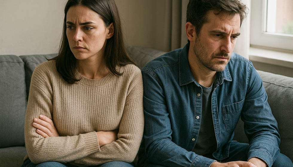 Couple en pleine dispute, les deux partenaires crient et gesticulent avec colère, représentant une scène de conflit dans une relation toxique.