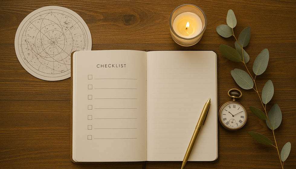Flat-lay d’un bureau en bois avec carnet ouvert, carte du ciel imprimée, bougie, montre dorée et stylo, lumière naturelle latérale.