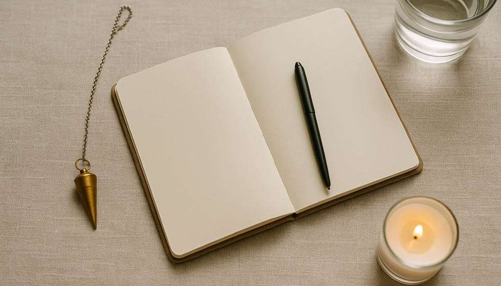 Pendule, carnet et bougie disposés pour une routine d’ancrage intuitive