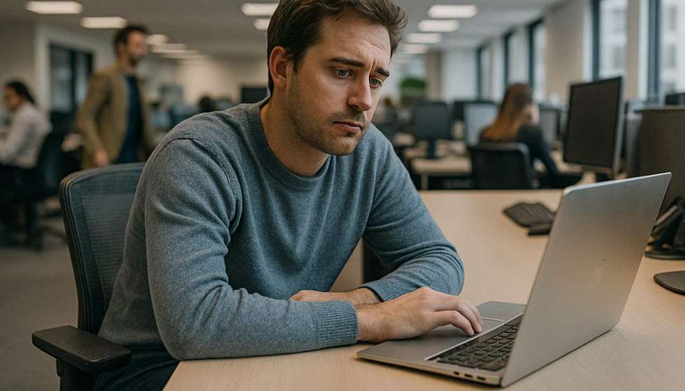 Employé assis dans un open-space, visiblement lassé en regardant son écran