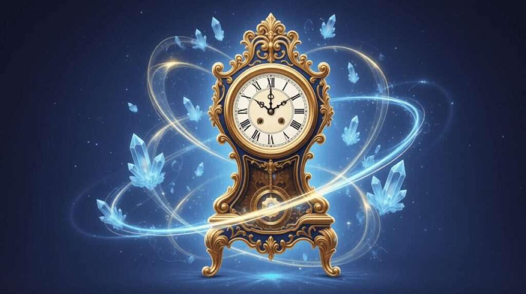 Highly stylized digital art of a cosmic, still clock symbolizing the strategic pause for energetic attraction.