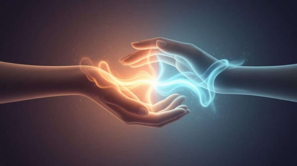 Elegant digital art of two contrasting elemental hands clasped, creating a harmonious aurora, symbolizing growth and understanding in "worst zodiac matches.