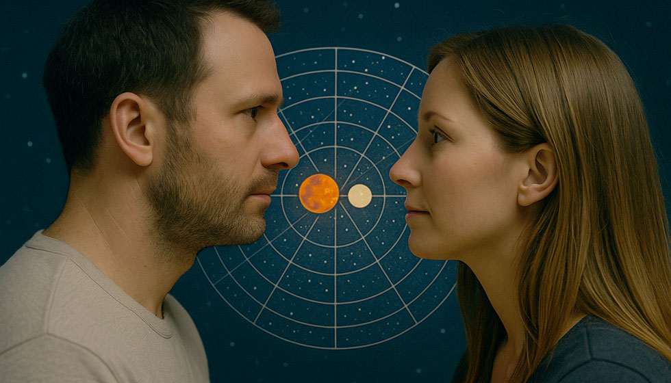 Superposition de cartes du ciel sur deux visages se regardant, symbole de la synastrie et du magnétisme amoureux