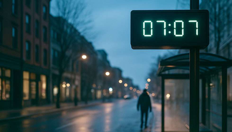Affichage 07:07 sur une horloge urbaine, rue légèrement humide à l’aube, silhouette qui marche